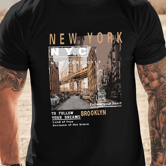 Men'S 100% Cotton Summer Loose Fitting Casual New York Print round Neck Short Sleeved T-Shirt Top O-Neck Pactwork Casual T Shirt